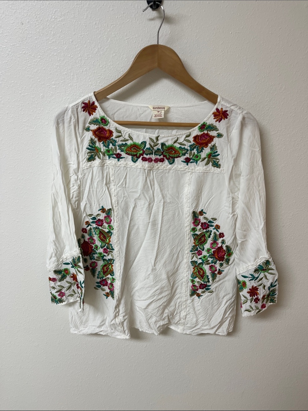 Sundance White Peasant Blouse with Multicolor Floral Embroidery